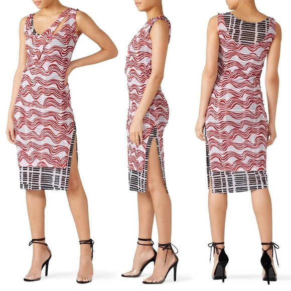 ATLEIN Mesh Bodycon Dress Size 6 Red Wave Print Slit Avant Garde Y2K Art Fashion - Picture 1 of 13